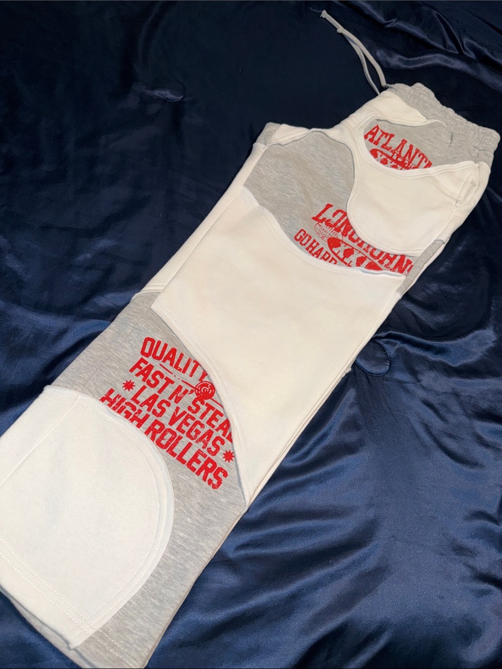 Fashion Nova White & Light Gray Straight Leg SweatPants With Red Print